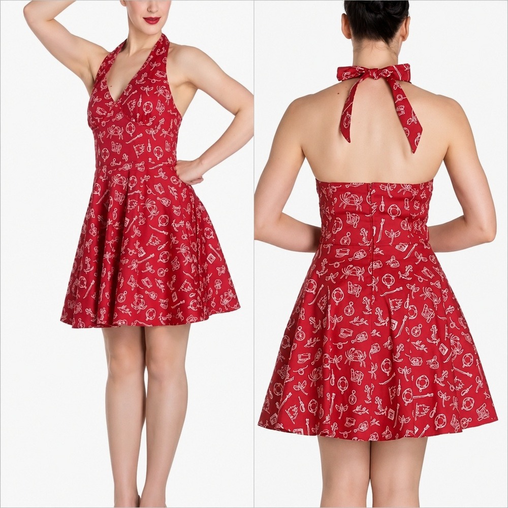 Hell Bunny Red Nautical Print Halter Dress Womens Large Rockabilly Retro Pinup